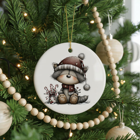 Cute Christmas Gnome With Gift ceramic Christmas ornament, front view