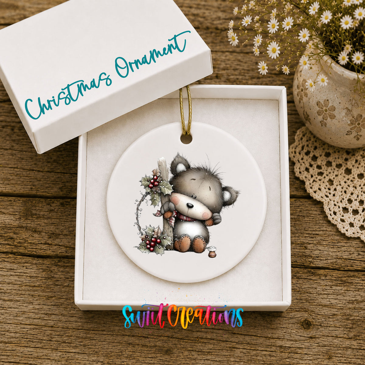 Cute Christmas cow with wreath ceramic ornament - image 1