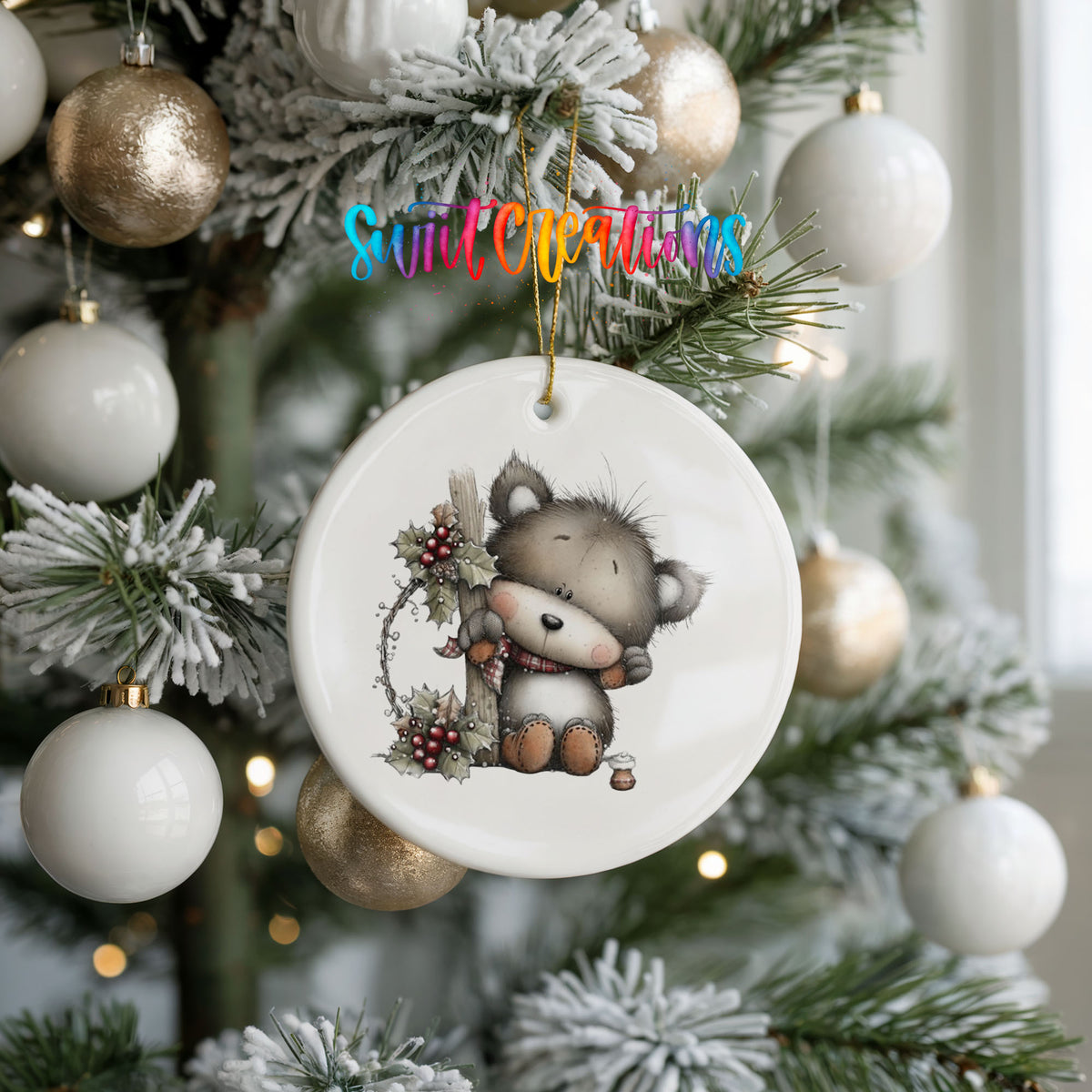 Cute Christmas cow with wreath ceramic ornament - image 10