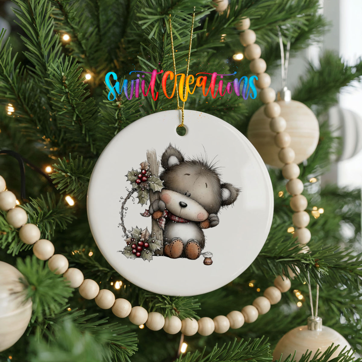 Cute Christmas cow with wreath ceramic ornament - image 2