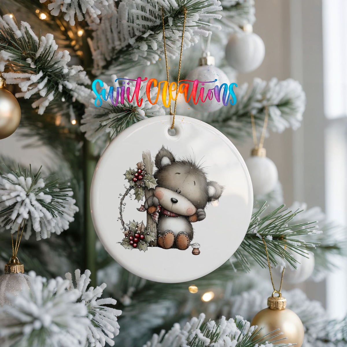 Cute Christmas cow with wreath ceramic ornament - image 3