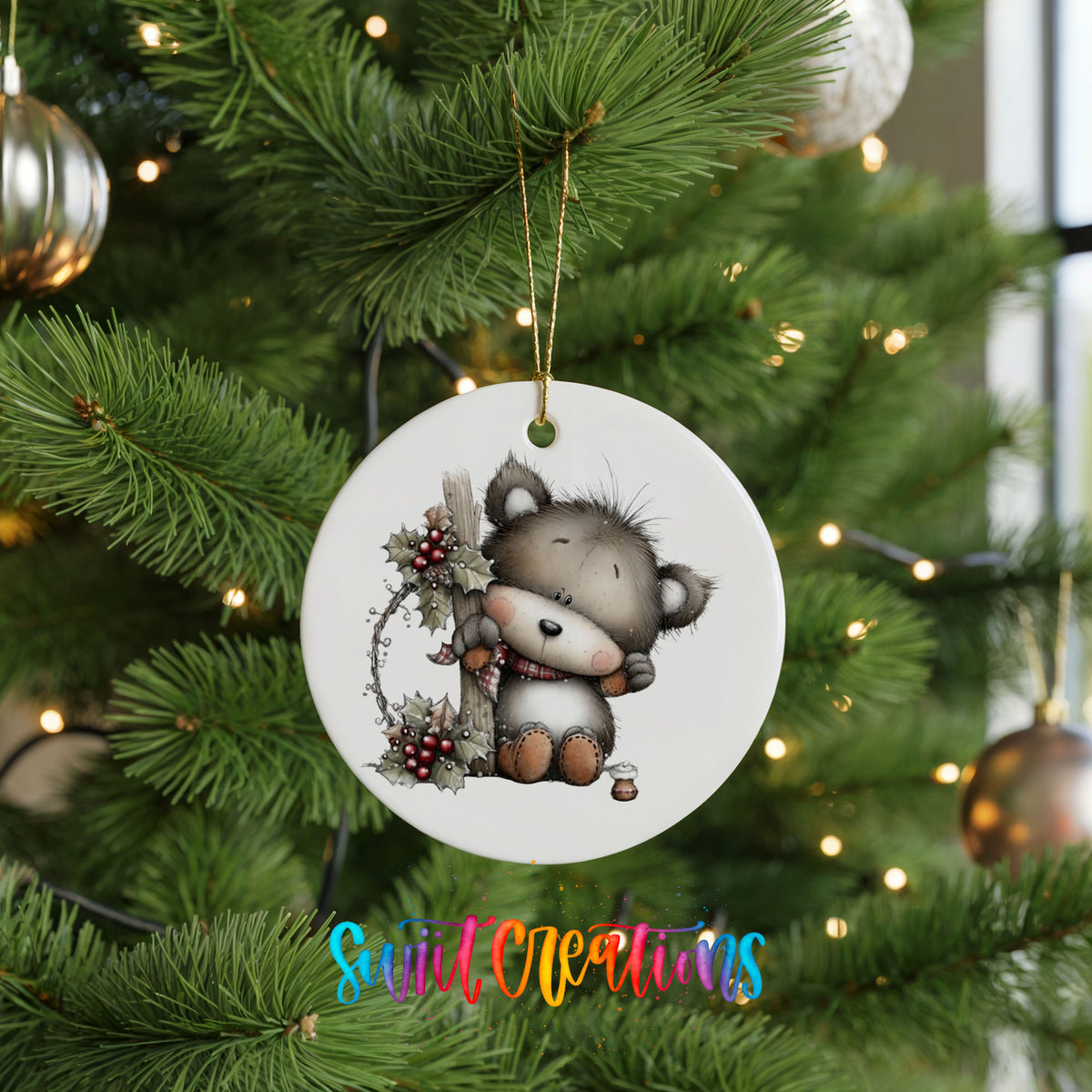 Cute Christmas cow with wreath ceramic ornament - image 7