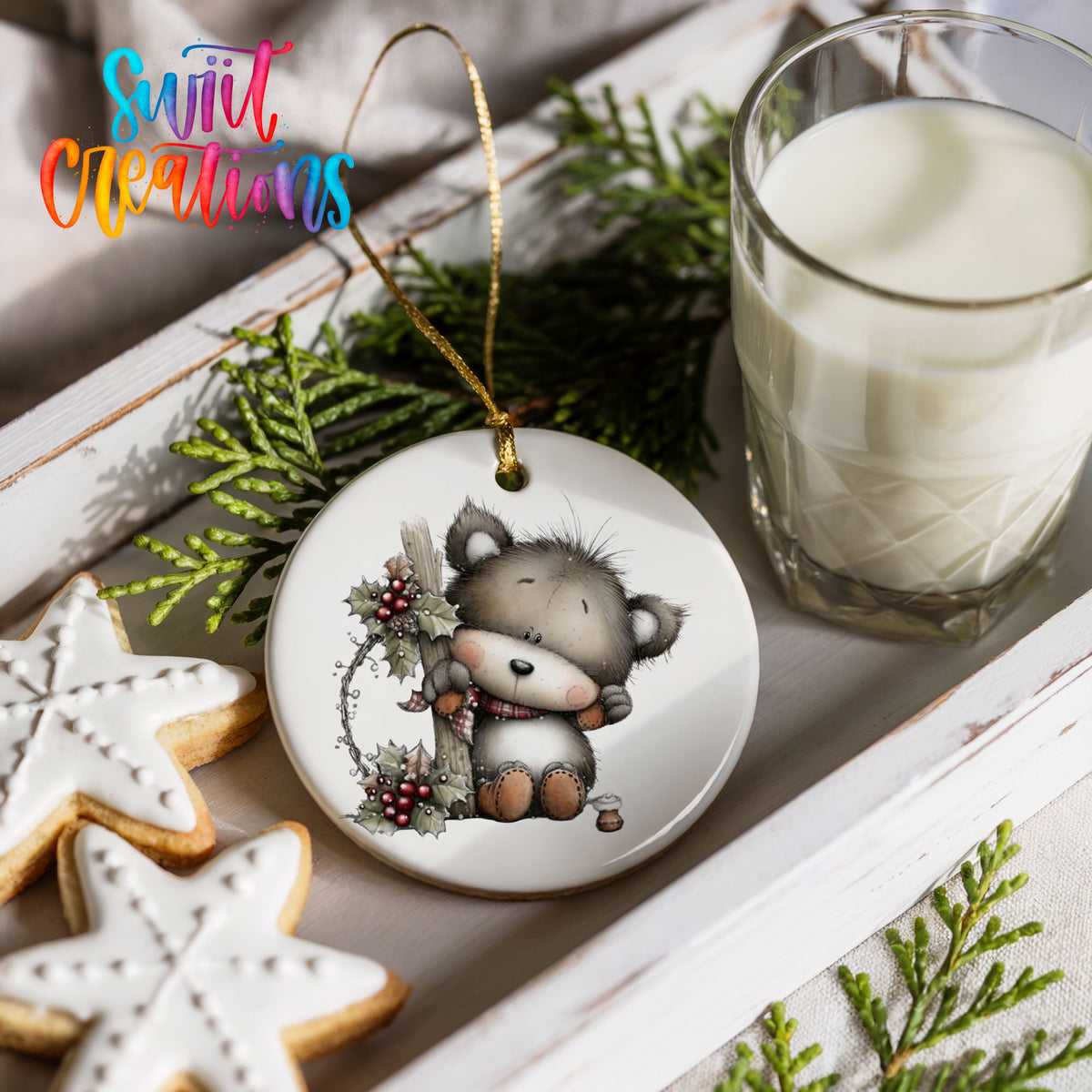 Cute Christmas cow with wreath ceramic ornament - image 8