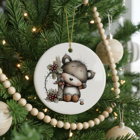 Cute Christmas Cow With Wreath ceramic Christmas ornament, front view