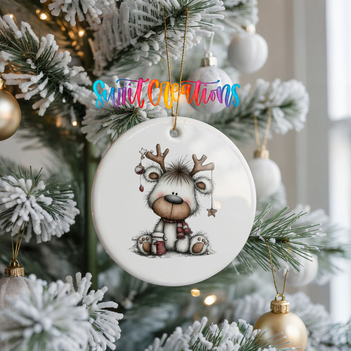 Cute reindeer whimsical ceramic Christmas ornament - image 3