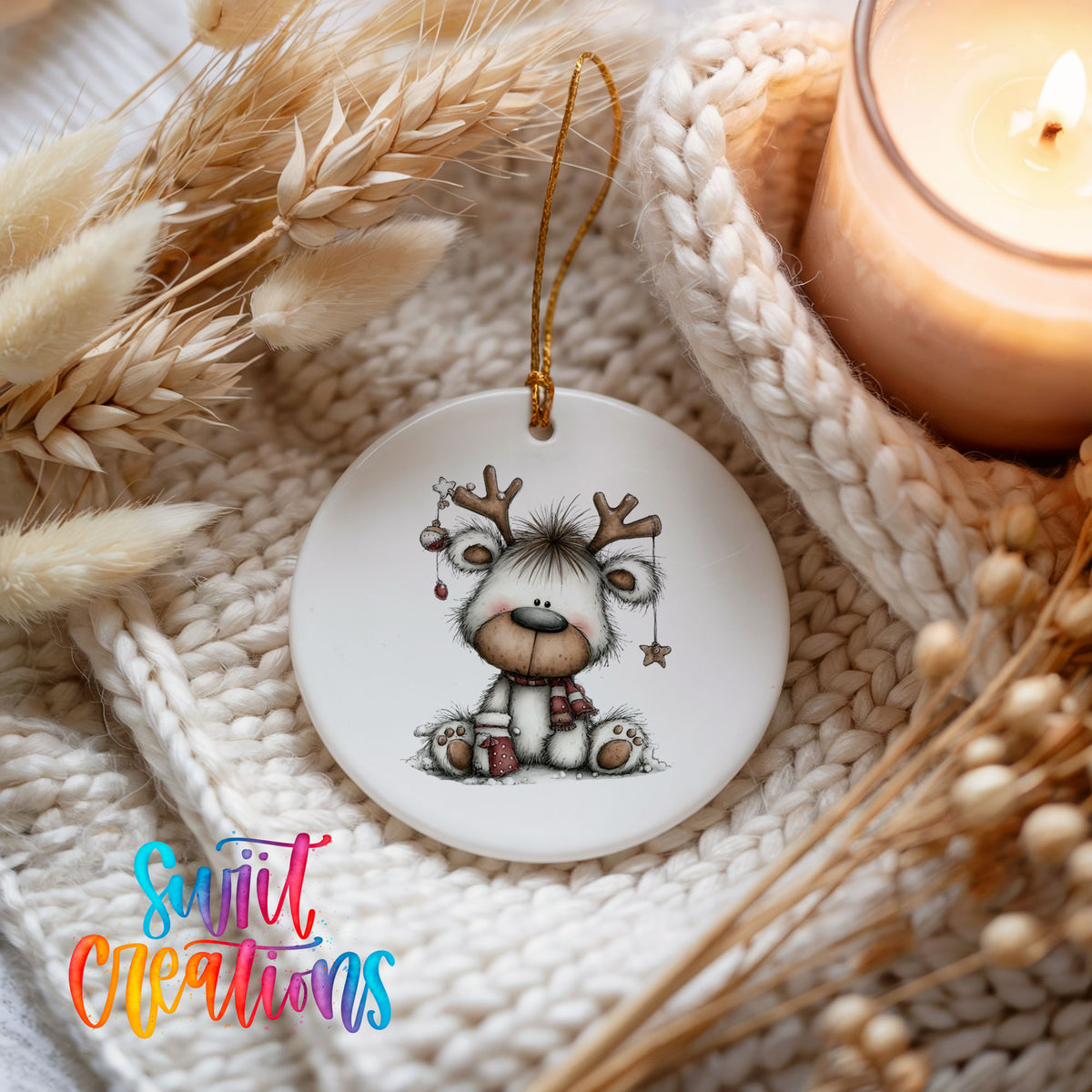 Cute reindeer whimsical ceramic Christmas ornament - image 4