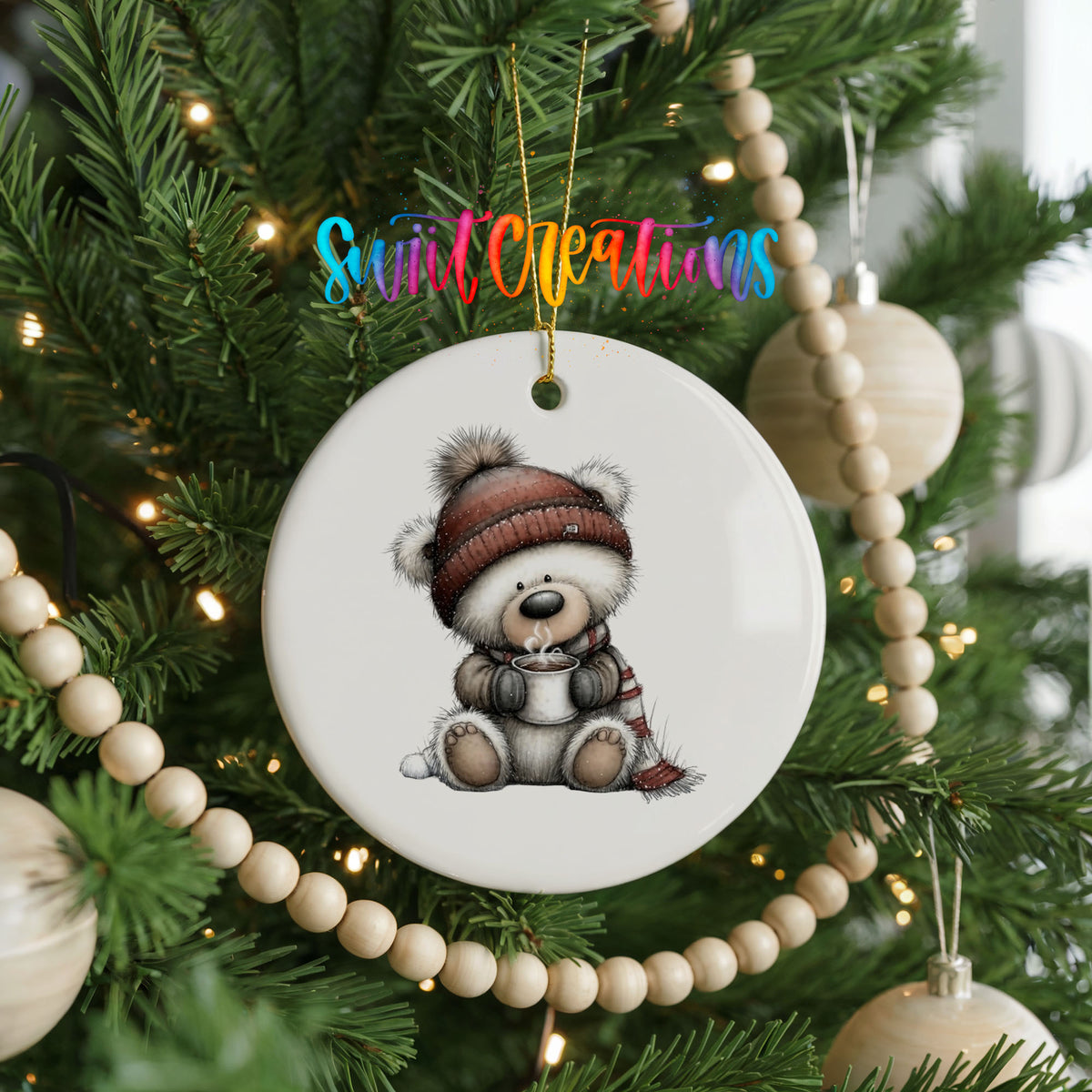 Cute Christmas bear whimsical ceramic ornament - image 2