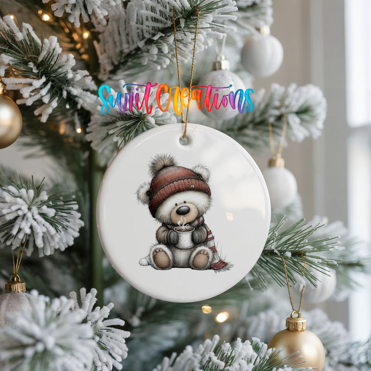 Cute Christmas bear whimsical ceramic ornament - image 3