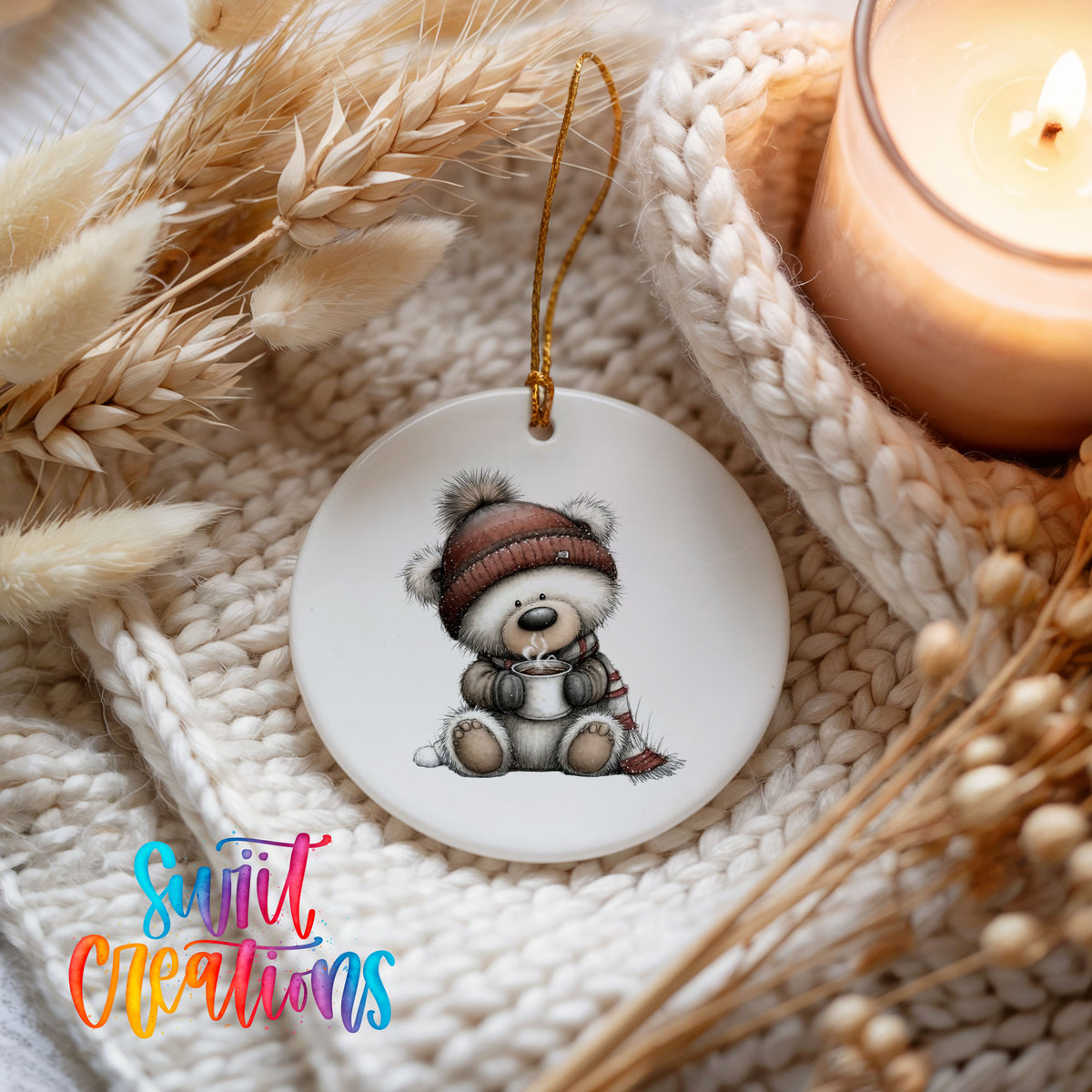 Cute Christmas bear whimsical ceramic ornament - image 4