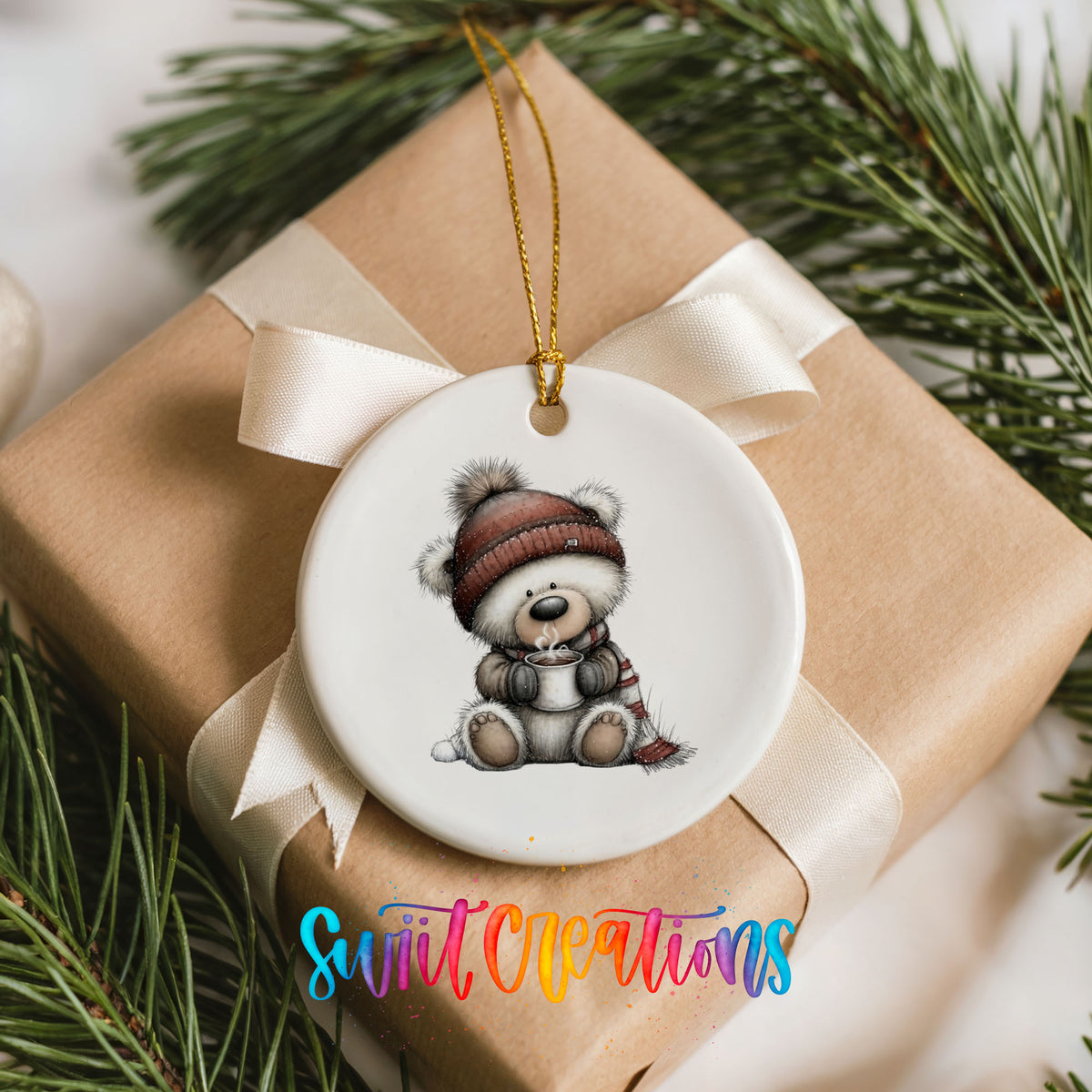 Cute Christmas bear whimsical ceramic ornament - image 9