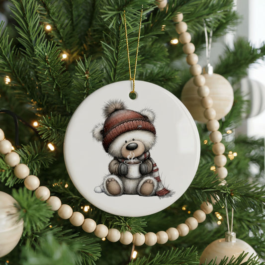 Cute Christmas Bear Whimsical ceramic Christmas ornament, front view