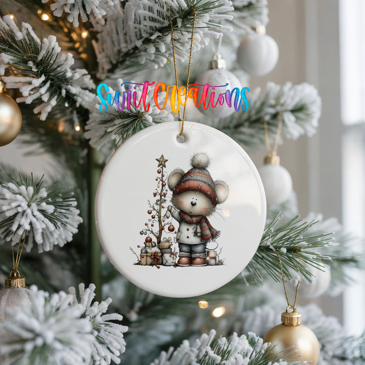 Christmas gnome with tree and presents ceramic ornament - image 3