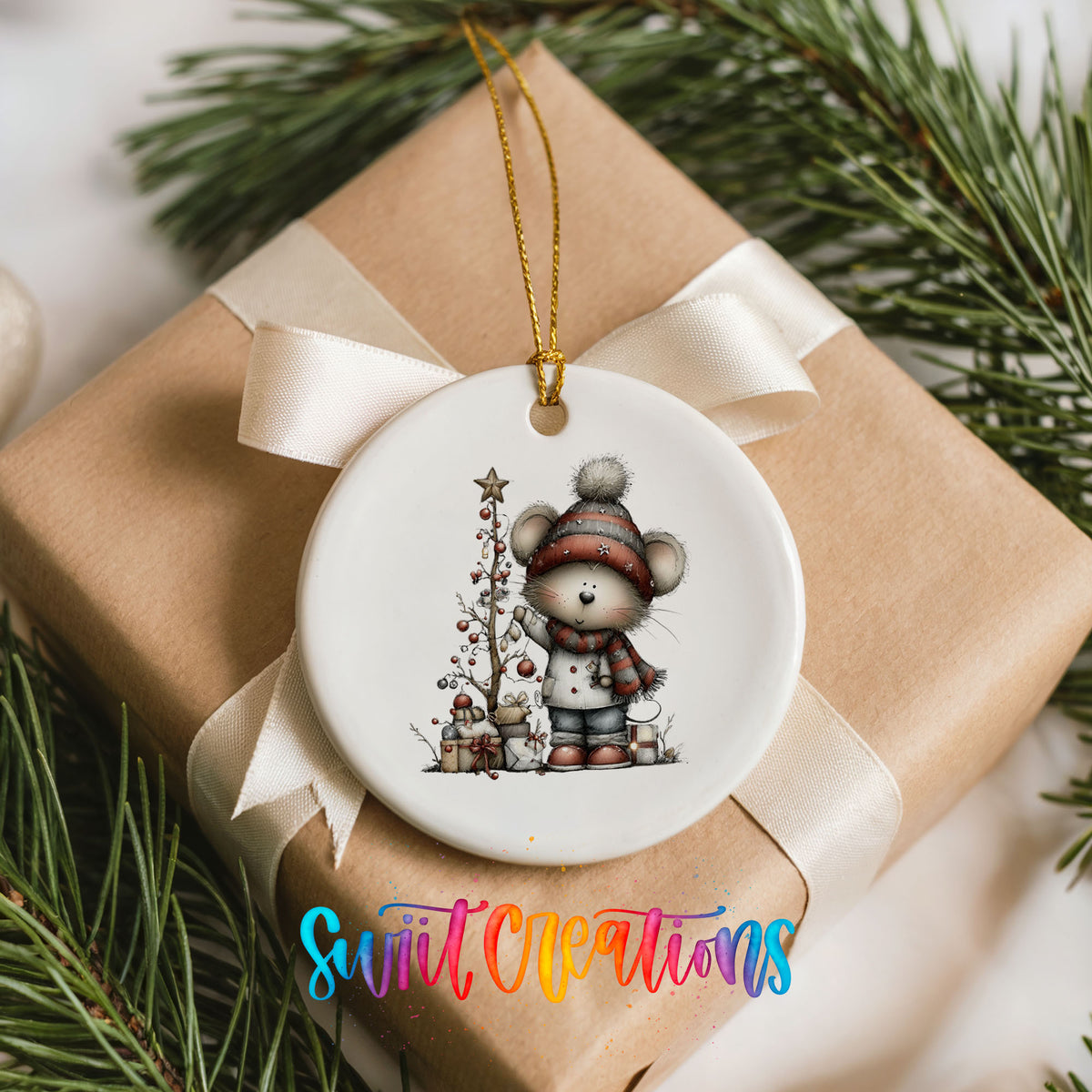 Christmas gnome with tree and presents ceramic ornament - image 9