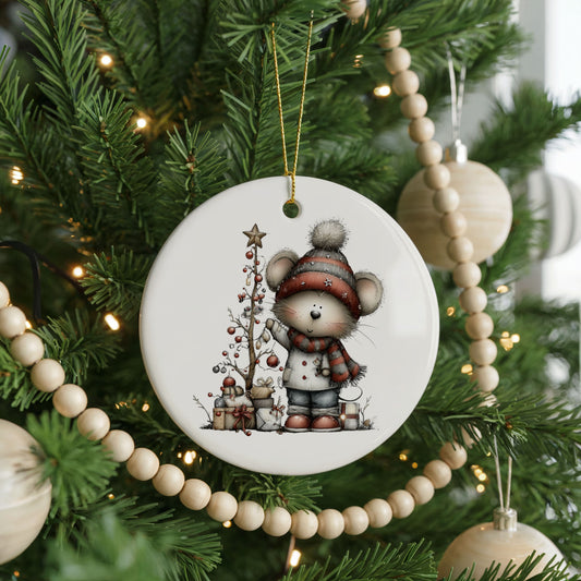Christmas Gnome With Tree and Presents ceramic Christmas ornament, front view