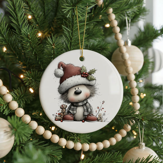Cute Panda in Santa Hat ceramic Christmas ornament, front view