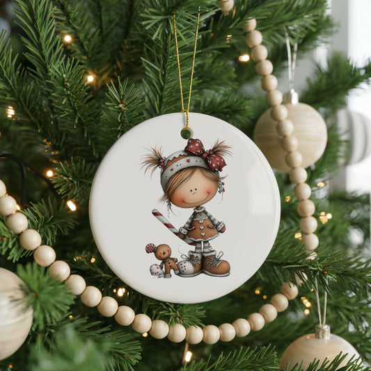 Whimsical Girl with Reindeer Antlers ceramic Christmas ornament, front view