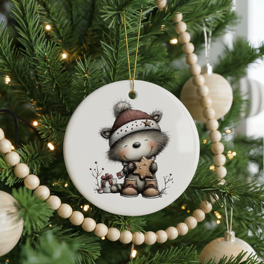 Cute Zebra With Teddy Bear ceramic Christmas ornament, front view