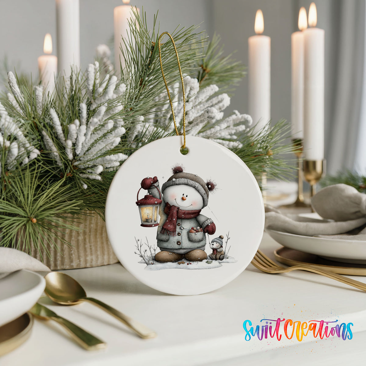 Cute snowman couple winter ceramic Christmas ornament - image 6