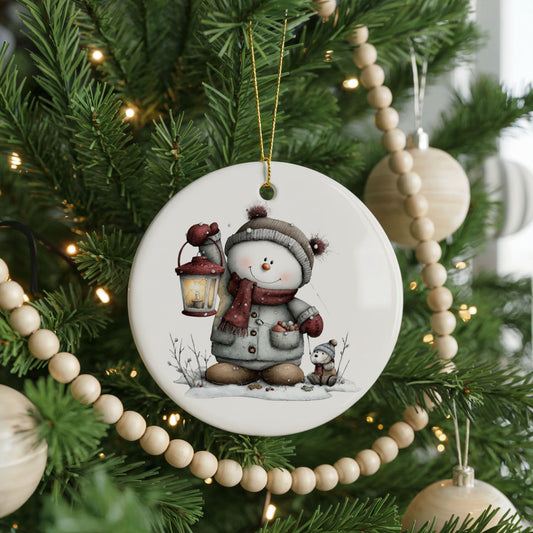 Cute Snowman Couple Winter ceramic Christmas ornament, front view