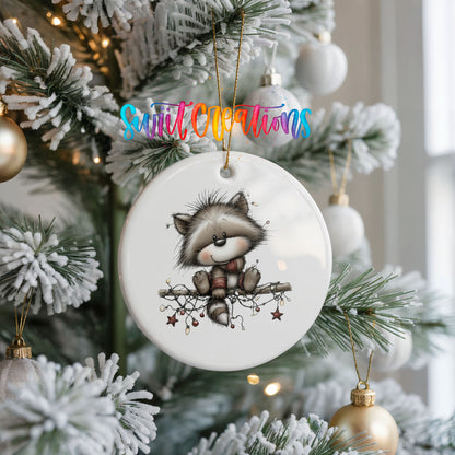 Cute raccoon with Christmas lights ceramic ornament - image 2