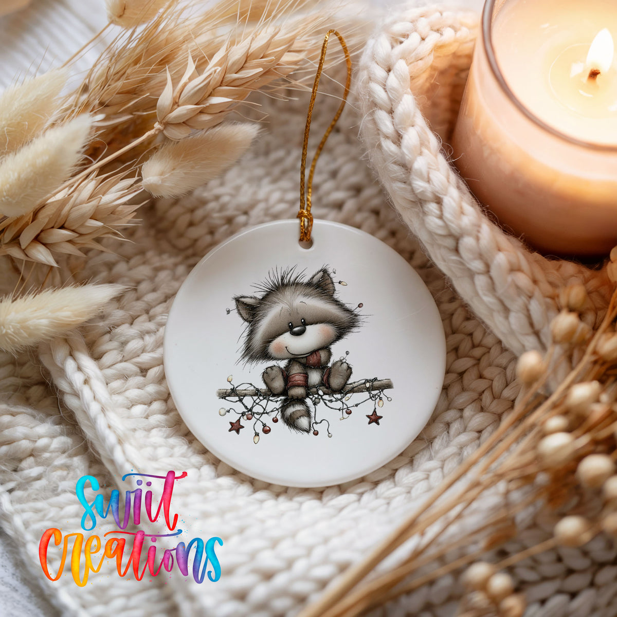 Cute raccoon with Christmas lights ceramic ornament - image 3