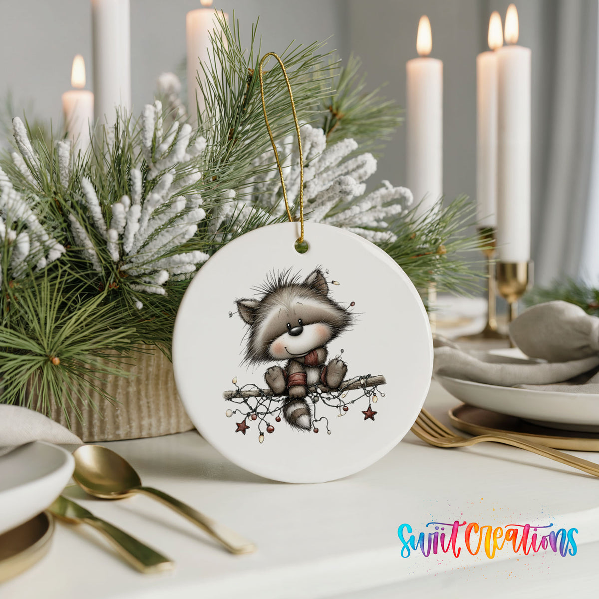 Cute raccoon with Christmas lights ceramic ornament - image 5