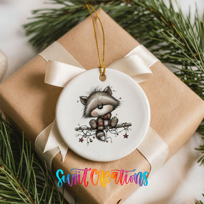 Cute raccoon with Christmas lights ceramic ornament - image 8