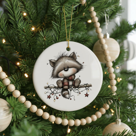 Cute Raccoon With Christmas Lights ceramic Christmas ornament, front view