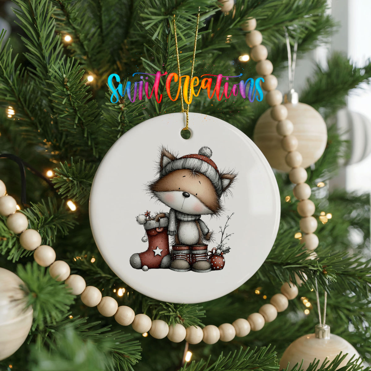 whimsical Christmas cat ceramic Christmas ornament hanging on a green Christmas tree
