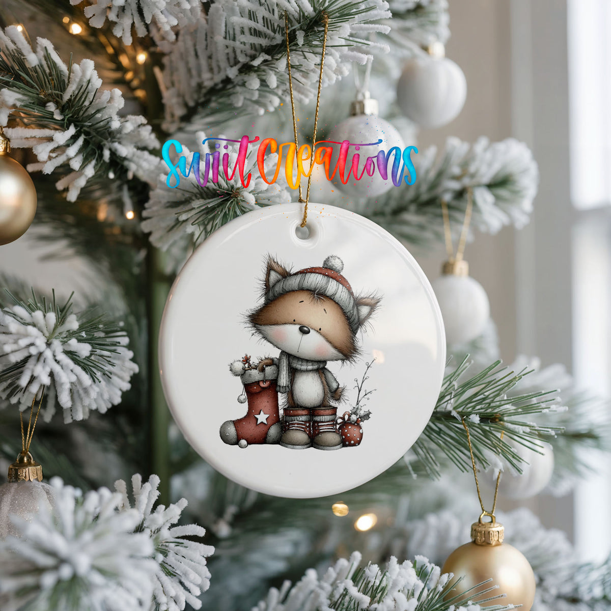 whimsical Christmas cat ceramic Christmas ornament hanging on a frosted Christmas tree