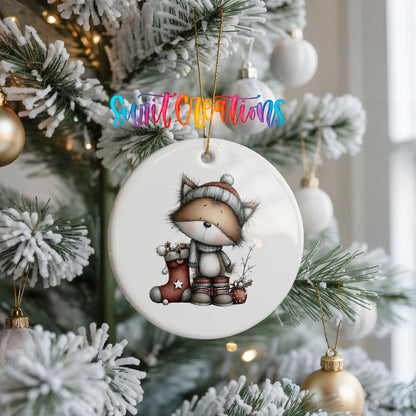 whimsical Christmas cat ceramic Christmas ornament hanging on a frosted Christmas tree