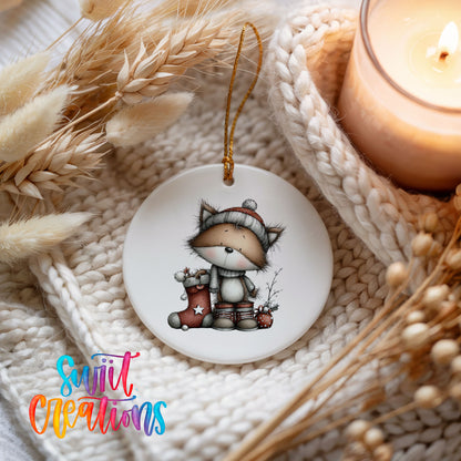 whimsical Christmas cat ceramic Christmas ornament styled on a cozy knit blanket