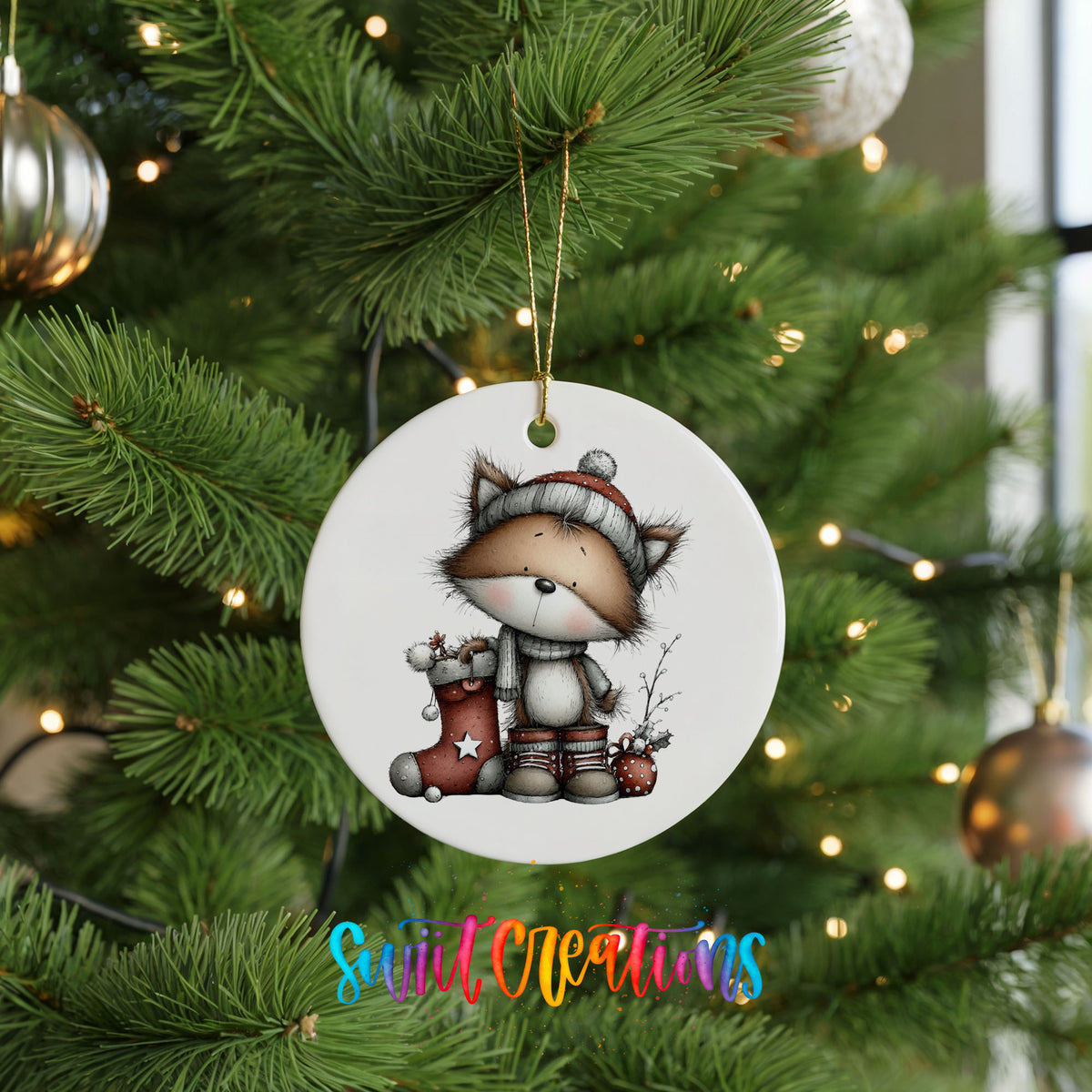 whimsical Christmas cat ceramic Christmas ornament hanging on a lit Christmas tree