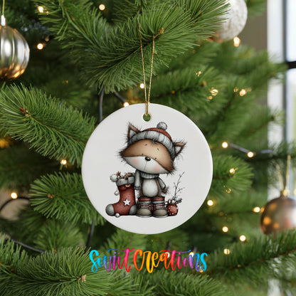whimsical Christmas cat ceramic Christmas ornament hanging on a lit Christmas tree