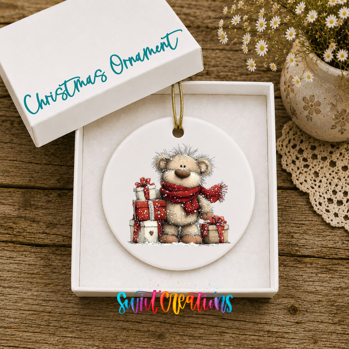 teddy bear with a red scarf and Christmas gifts ceramic Christmas ornament presented in a gift box