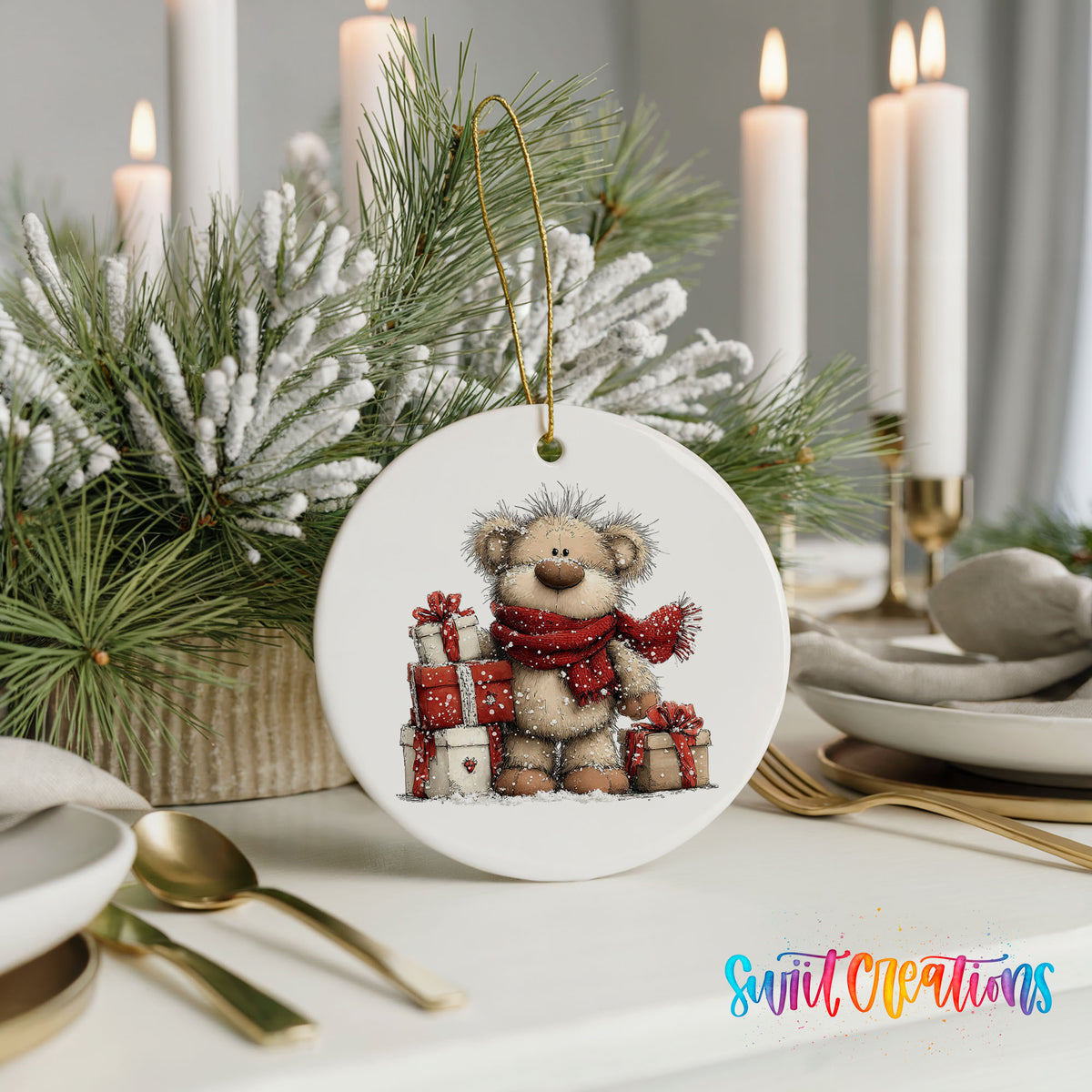 teddy bear with a red scarf and Christmas gifts ceramic Christmas ornament shown in a holiday table setting