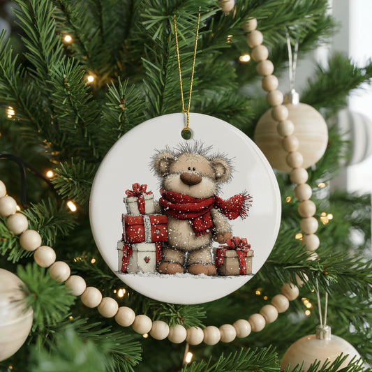 Personalized teddy bear Christmas ornament with a red scarf and gifts, front view