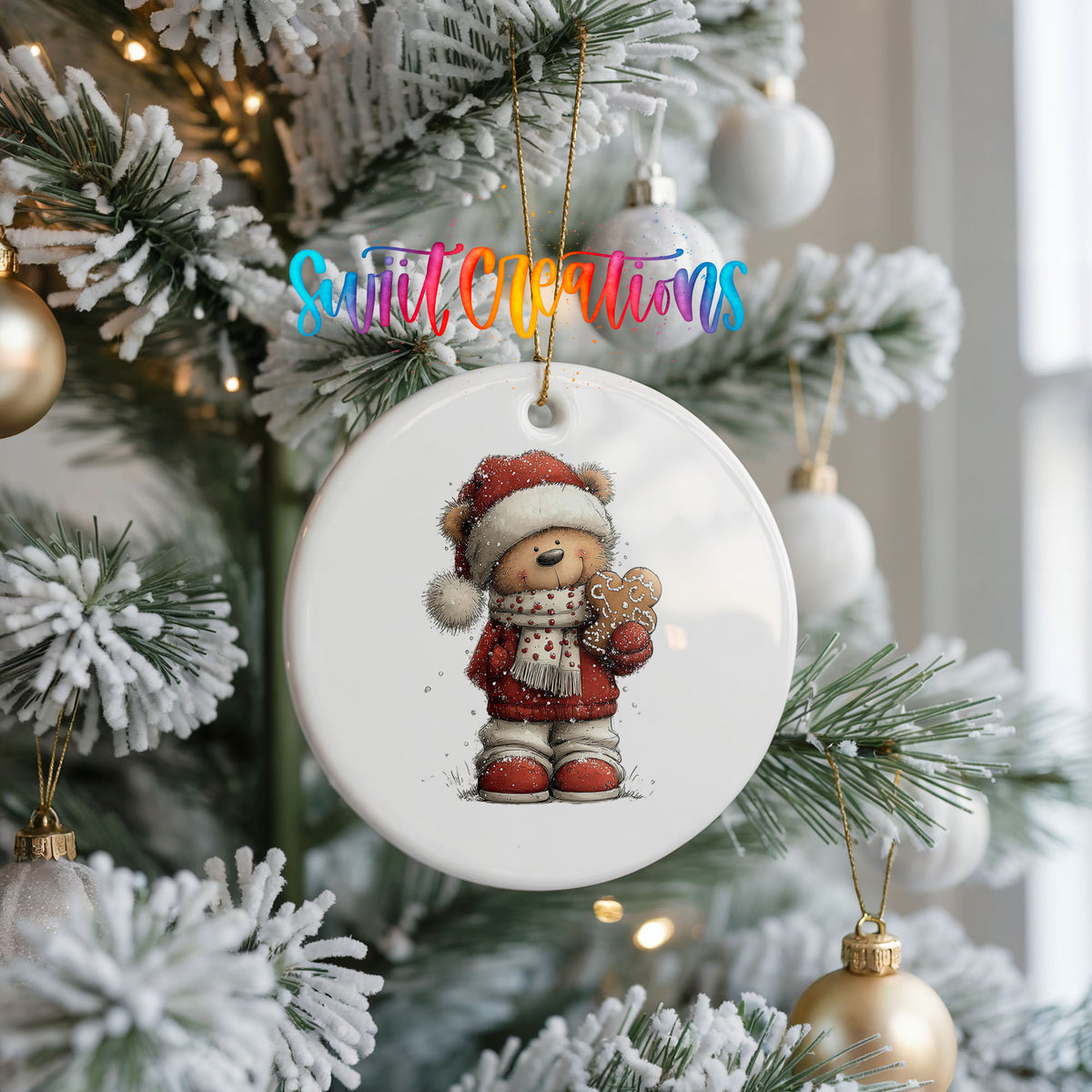 teddy bear in a Santa hat holding a gingerbread cookie ceramic Christmas ornament hanging on a frosted Christmas tree