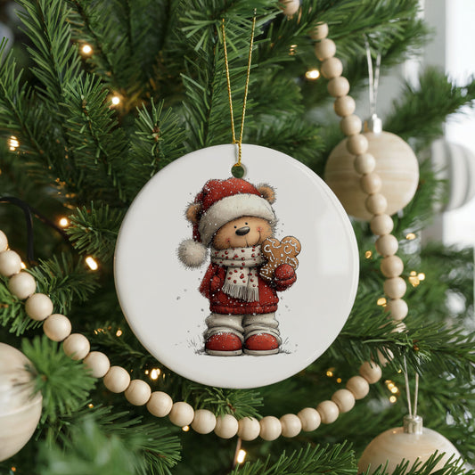 Teddy Bear In Santa Hat With Gingerbread Cookie ceramic Christmas ornament, front view