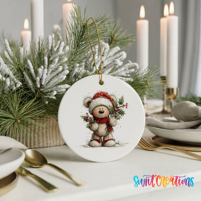 teddy bear framed by a Christmas wreath ceramic Christmas ornament shown in a holiday table setting