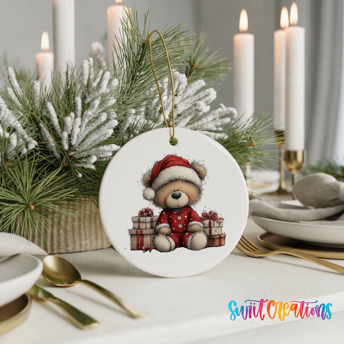 seated teddy bear with Christmas gifts ceramic Christmas ornament shown in a holiday table setting