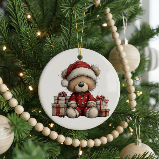 Teddy Bear In Santa Hat With Christmas Gifts ceramic Christmas ornament, front view