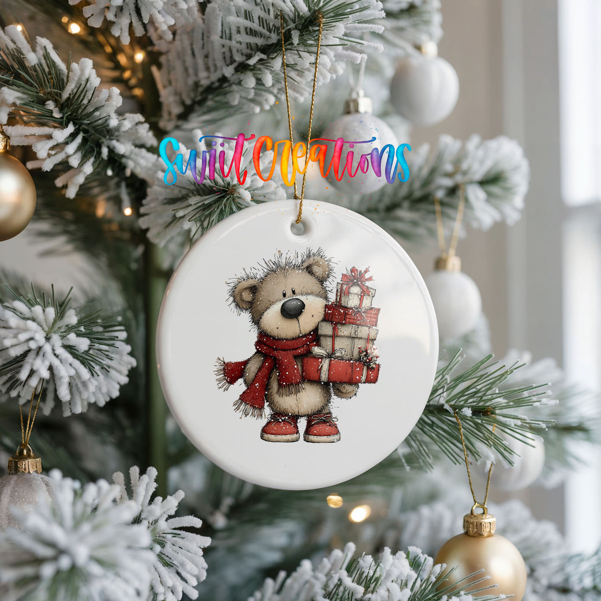 teddy bear in a red scarf carrying Christmas gifts ceramic Christmas ornament hanging on a frosted Christmas tree
