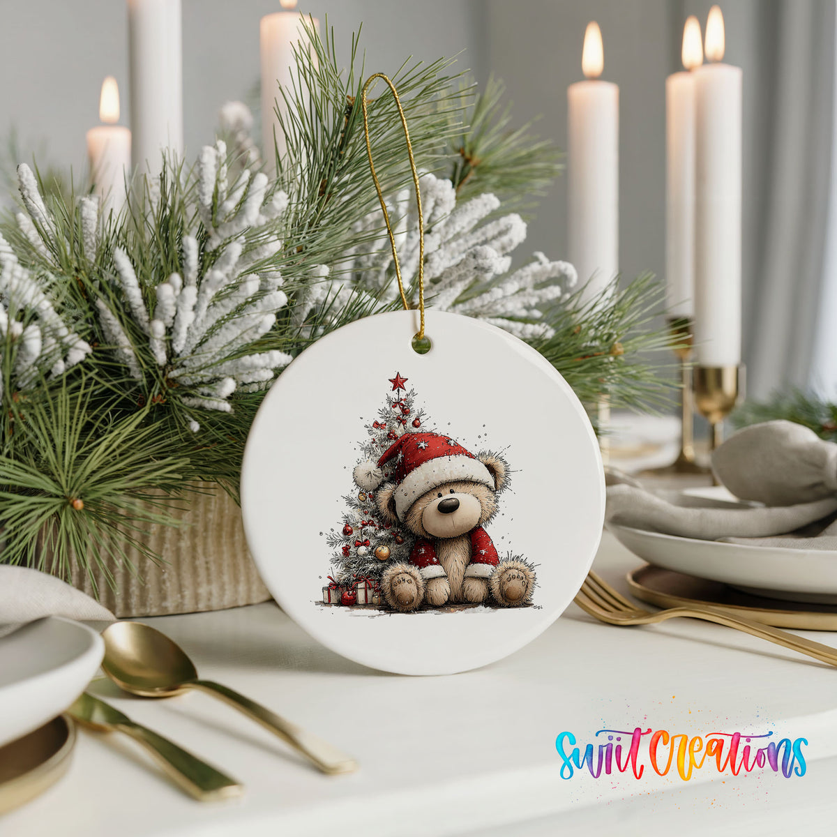 teddy bear sitting beside a decorated Christmas tree ceramic Christmas ornament shown in a holiday table setting