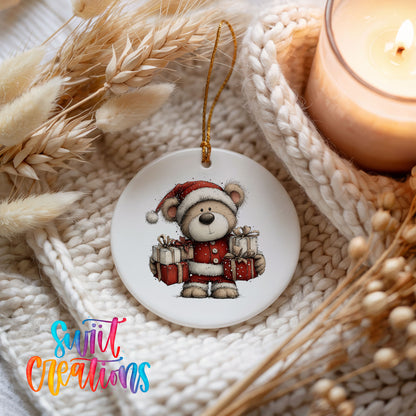 teddy bear dressed as Santa carrying Christmas gifts ceramic Christmas ornament styled on a cozy knit blanket