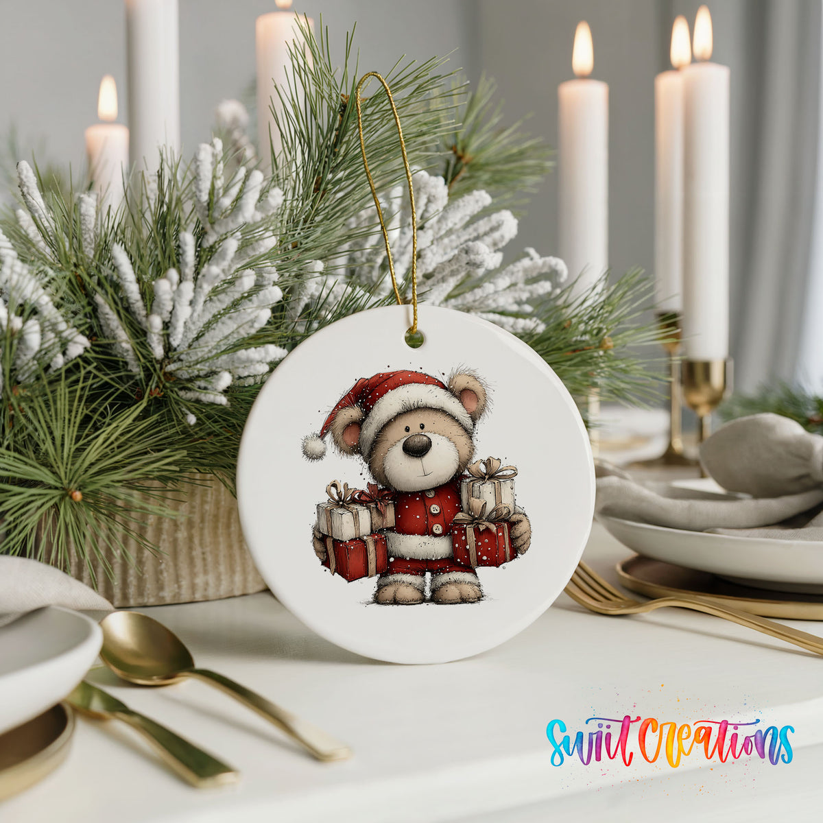teddy bear dressed as Santa carrying Christmas gifts ceramic Christmas ornament shown in a holiday table setting