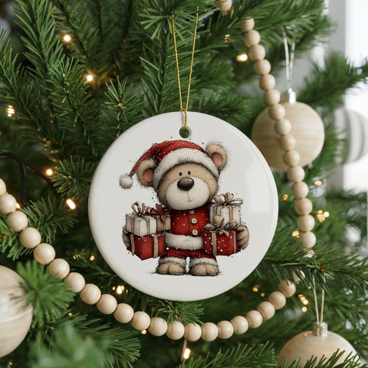Santa Teddy Bear Carrying Christmas Gifts ceramic Christmas ornament, front view