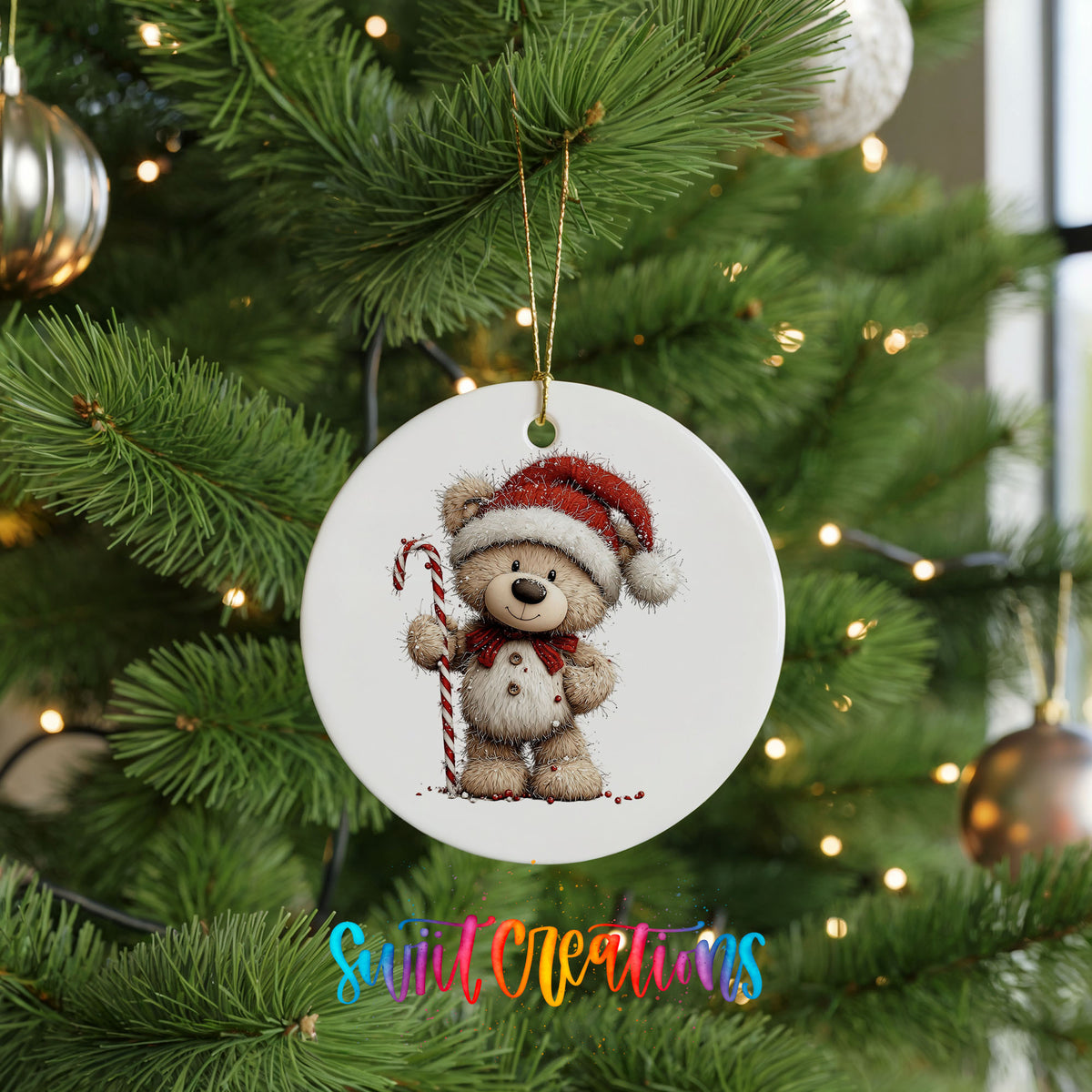 teddy bear wearing a Santa hat and holding a candy cane ceramic Christmas ornament hanging on a lit Christmas tree