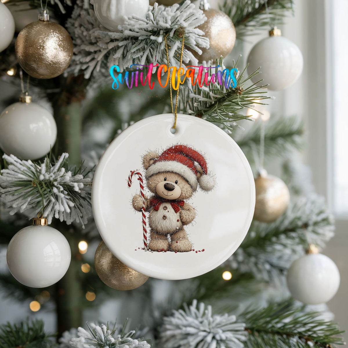 teddy bear wearing a Santa hat and holding a candy cane ceramic Christmas ornament hanging on a frosted tree with ornaments