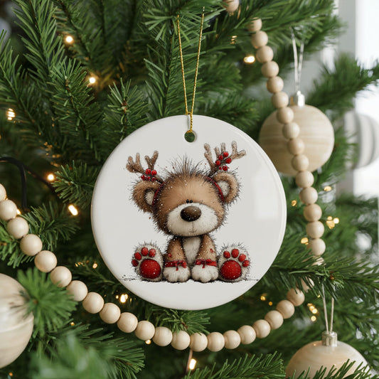 Reindeer Teddy Bear With Red Ornaments ceramic Christmas ornament, front view
